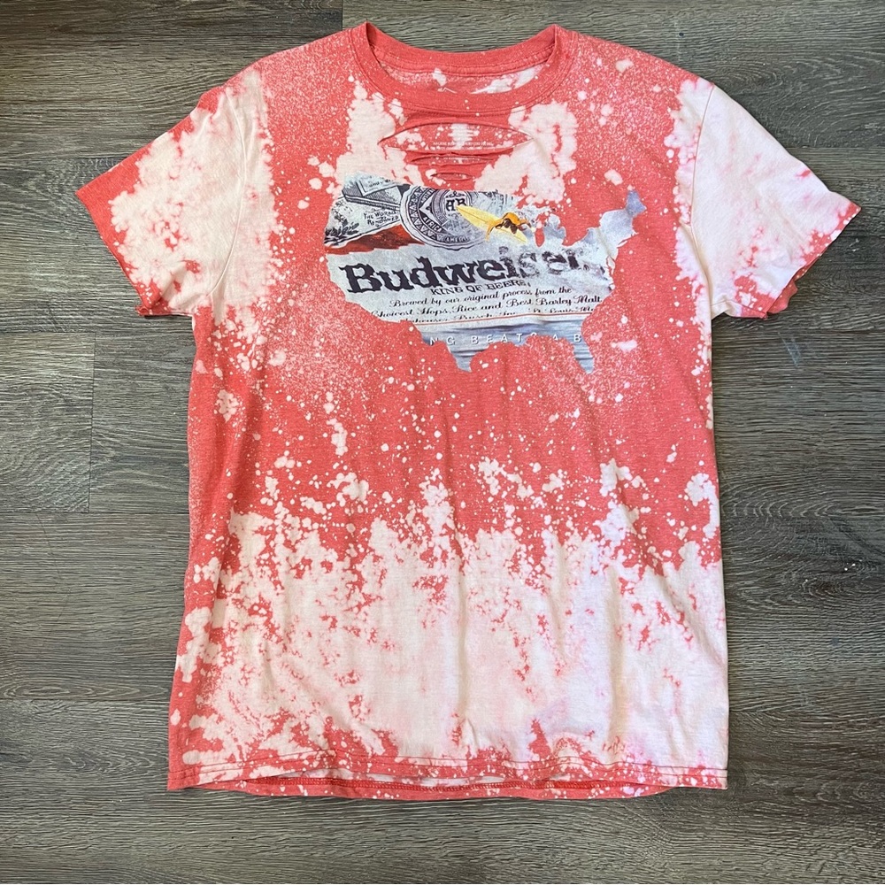 Custom Bleached Budweiser Beer Bleached Distressed Red Shirt Size Large